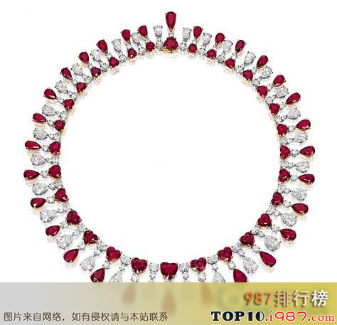 十大珠宝拍卖的最贵珠宝之红宝石钻石格子项链，120.74克拉