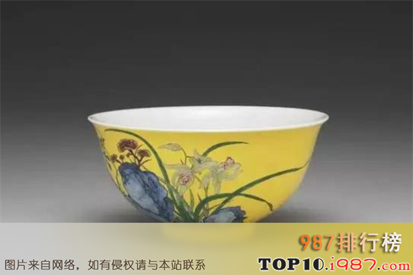 十大台北故宫珐琅彩瓷器之珐琅彩粉黃地芝兰寿石图小碗